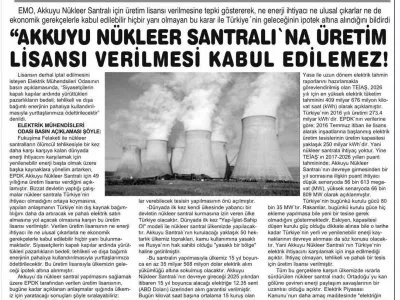`AKKUYU NÜKLEER SANTRALI`NA ÜRETİM LİSİNSI VERİLMESİ KABUL EDİLEMEZ!` (YENİ ADANA)