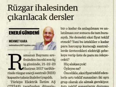 RÜZGAR İHALESİNDEN ÇIKARILACAK DERSLER (MEHMET KARA- DÜNYA)