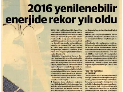2016 YENİLENEBİLİR ENERJİDE REKOR YILI OLDU (DÜNYA)