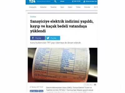 SANAYİCİYE ELEKTRİK İNDİRİMİ YAPILDI, KAYIP VE KAÇAK BEDELİ VATANDAŞA YÜKLENDİ (T24.COM.TR)