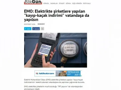 EMO: ELEKTRİKTE ŞİRKETLERE YAPILAN `KAYIP-KAÇAK İNDİRİMİ` VATANDAŞA DA YAPILSIN (BİRGUN.NET)