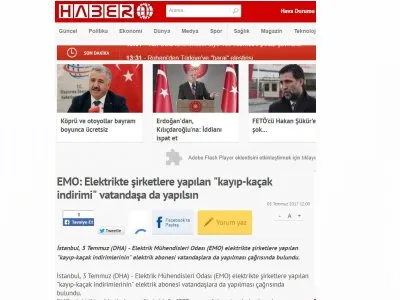 EMO: ELEKTRİKTE ŞİRKETLERE YAPILAN `KAYIP-KAÇAK İNDİRİMİ` VATANDAŞA DA YAPILSIN (HABER1.COM)