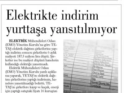 ELEKTRİKTE İNDİRİM YURTTAŞA YANSITILMIYOR (GÜNLÜK EVRENSEL)