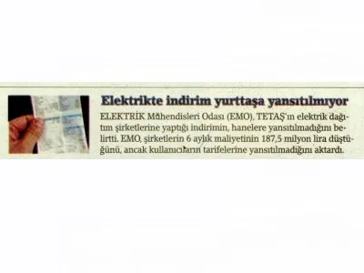 ELEKTRİK İNDİRİMİ YURTTAŞA YANSITILMIYOR (BİRGÜN)