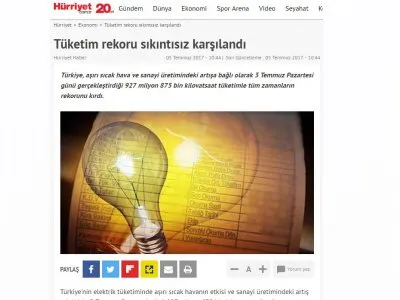 TÜKETİM REKORU SIKINTISIZ KARŞILANDI (HÜRRİYET)
