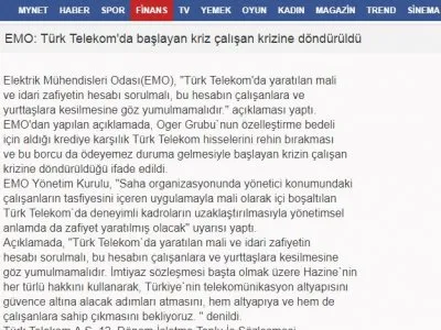 EMO: TÜRK TELEKOM‘DA BAŞLAYAN KRİZ ÇALIŞAN KRİZİNE DÖNDÜRÜLDÜ (FİNANS.MYNET.COM)