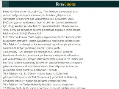 EMO: TÜRK TELEKOM‘DA BAŞLAYAN KRİZ ÇALIŞAN KRİZİNE DÖNDÜRÜLDÜ (BORSAGUNDEMİ.COM)