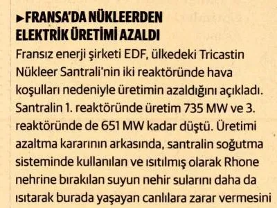 FRANSA`DA NÜKLEERDEN ELEKTRİK ÜRETİMİ AZALDI (DÜNYA)