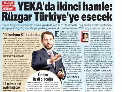YEKA`DA İKİNCİ HAMLE: RÜZGAR TÜRKİYE`YE ESECEK (AKŞAM)