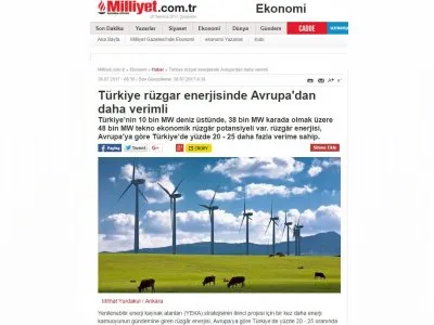 TÜRKİYE RÜZGAR ENERJİSİNDE AVRUPA`DAN DAHA VERİMLİ (MİLLİYET)