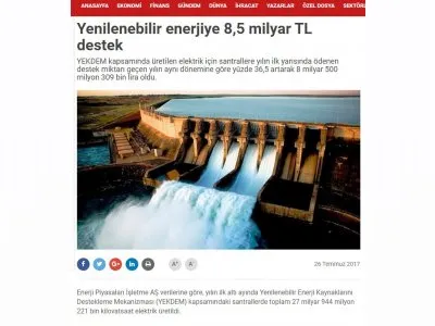 YENİLENEBİLİR ENERJİYE 8,5 MİLYAR TL DESTEK (DÜNYA)