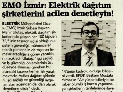 EMO İZMİR: ELEKTRİK DAĞITIM ŞİRKETLERİNİ ACİLEN DENETLEYİN! (BİRGÜN)