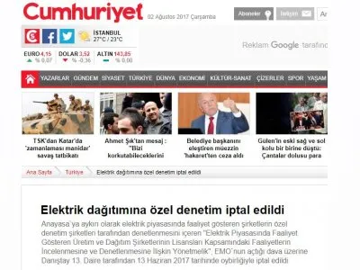 ELEKTRİK DAĞITIMINA ÖZEL DENETİM İPTAL EDİLDİ (CUMHURİYET)