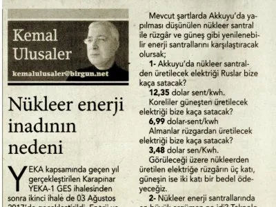 NÜKLEER ENERJİ İNADININ NEDENİ (KEMAL ULUSALER- BİRGÜN)