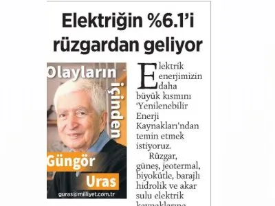 ELEKTRİĞİN %6.1`İ RÜZGARDAN GELİYOR (GÜNGÖR URAS- MİLLİYET)
