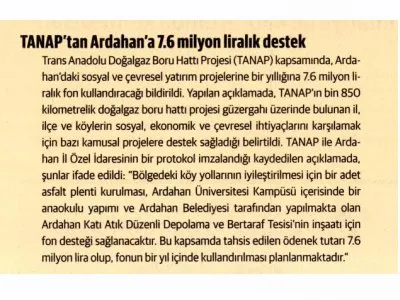 TANAP`TAN ARDAHAN`A 7.6 MİLYON LİRALIK DESTEK (DÜNYA)