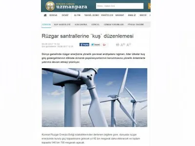 RÜZGAR SANTRALLERİNE `KUŞ` DÜZENLEMESİ (MİLLİYET)