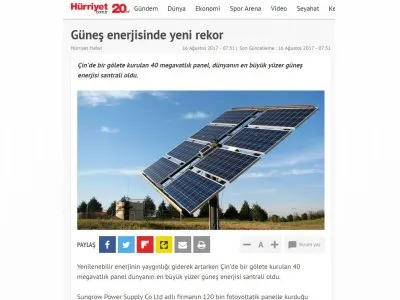 GÜNEŞ ENERJİSİNDE YENİ REKOR (HÜRRİYET)