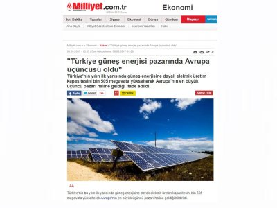 `TÜRKİYE GÜNEŞ ENERJİSİ PAZARINDA AVRUPA ÜÇÜNCÜSÜ OLDU` (MİLLİYET)