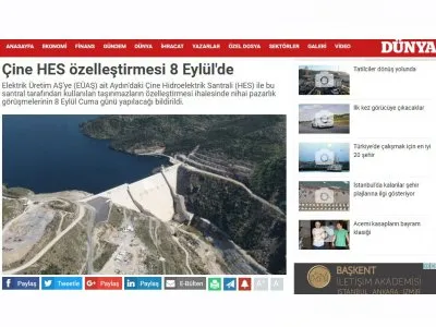 ÇİNE HES ÖZELLEŞTİRMESİ 8 EYLÜL`DE (DÜNYA)