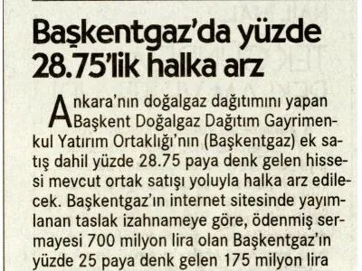 BASKENTGAZ`DA YÜZDE 28.75`LİK HALKA ARZ (CUMHURİYET)