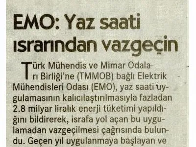 EMO: YAZ SAATİ ISRARINDAN VAZGEÇİN (CUMHURİYET)