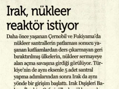 IRAK, NÜKLEER REAKTÖR İSTİYOR (ÖZGÜRLÜKÇÜ DEMOKRASİ)