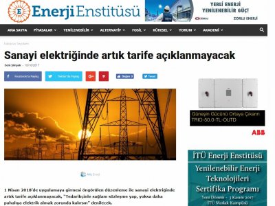 SANAYİ ELEKTRİĞİNDE ARTIK TARİFE AÇIKLANMAYACAK (ENERJİENSTİTUSU.COM)