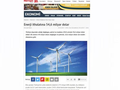 ENERJİ İTHALATINA 54,6 MİLYAR DOLAR (HÜRRİYET.COM.TR)