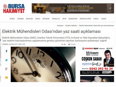ELEKTRİK MÜHENDİSLERİ ODASI`NDAN YAZ SAATİ AÇIKLAMASI (BURSAHAKİMİYET.COM.TR)