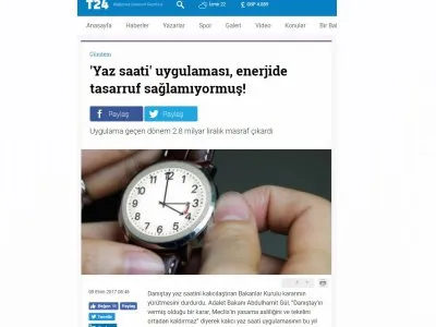 `YAZ SAATİ` UYGULAMASI, ENERJİDE TASARRUF SAĞLAMIYORMUŞ! (T24.COM.TR)