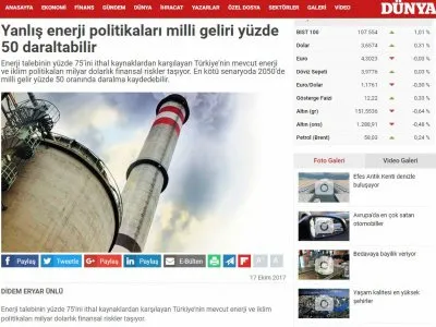 YANLIŞ ENERJİ POLİTİKALARI MİLLİ GELİRİ YÜZDE 50 DARALTABİLİR (DUNYA.COM)