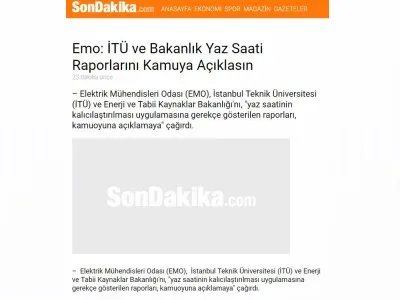 EMO: İTÜ VE BAKANLIK YAZ SAATİ RAPORLARINI KAMUYA AÇIKLASIN (SONDAKİKA.COM)