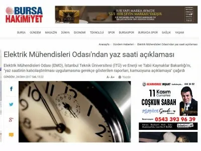 ELEKTRİK MÜHENDİSLERİ ODASI`NDAN YAZ SAATİ AÇIKLAMASI (BURSAHAKİMİYET.COM.TR)