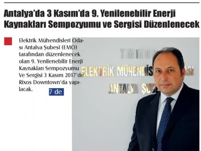 ANTALYADA 3 KASIM DA 9. YENİLENEBİLİR ENERJİ KAYNAKLARI SEMPOZYUMU VE SERGİSİ DÜZENLENECEK (KAKTÜS GAZETESİ - 27.10.2017)