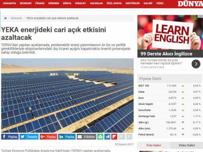 YEKA ENERJİDEKİ CARİ AÇIK ETKİSİNİ AZALTACAK (DÜNYA)