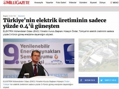 TÜRKİYE`NİN ELEKTRİK ÜRETİMİNİN SADECE YÜZDE 0.4`Ü GÜNEŞTEN (MİLLİGAZETE.COM.TR)