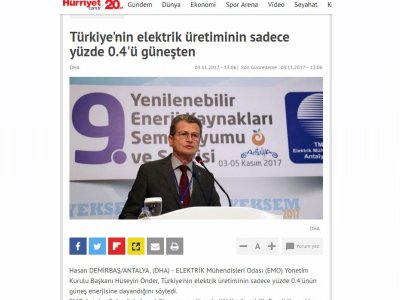 TÜRKİYE`NİN ELEKTRİK ÜRETİMİNİN SADECE YÜZDE 0.4`Ü GÜNEŞTEN (HÜRRİYET.COM.TR)