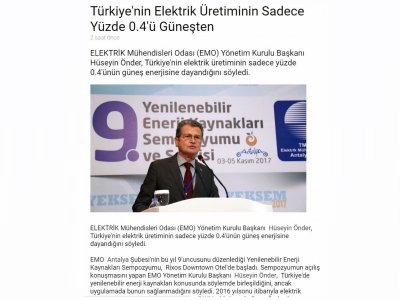 TÜRKİYE`NİN ELEKTRİK ÜRETİMİNİN SADECE YÜZDE 0.4`Ü GÜNEŞTEN (SONDAKİKA.COM-06.11.2017)