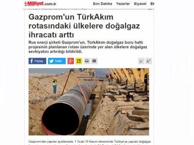 GAZPROM`UN TÜRKAKIM ROTASINDAKİ ÜLKELERE DOĞALGAZ İHRACATI ARTTI (MİLLİYET.COM.TR)