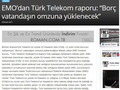EMO’DAN TÜRK TELEKOM RAPORU: “BORÇ VATANDAŞIN OMZUNA YÜKLENECEK” (FOKSMEDYA.COM)