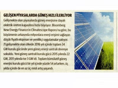 GELİŞEN PİYASALARDA GÜNEŞ HIZLI İLERLİYOR (DÜNYA)