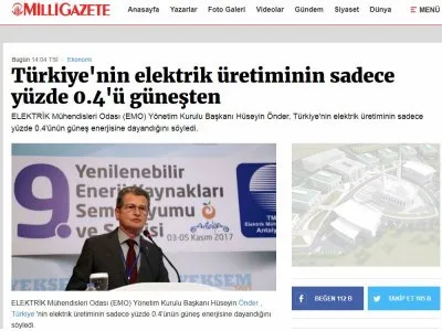 TÜRKİYE`NİN ELEKTRİK ÜRETİMİNİN SADECE YÜZDE 0.4`Ü GÜNEŞTEN (MİLLİGAZETE.COM.TR)