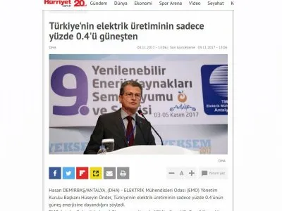 TÜRKİYE`NİN ELEKTRİK ÜRETİMİNİN SADECE YÜZDE 0.4`Ü GÜNEŞTEN (HÜRRİYET.COM.TR)