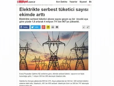 ELEKTRİKTE SERBEST TÜKETİCİ SAYISI EKİMDE ARTTI (MİLLİYET.COM.TR)