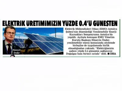 ELEKTRİK ÜRETİMİMİZİN YÜZDE 0,4`Ü GÜNEŞTEN (POSTA AKDENİZ)