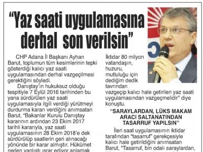 YAZ SAATİ UYGULAMASINA DERHAL SON VERİLSİN (ÇUKUROVA PRESS)