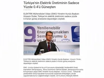 TÜRKİYE`NİN ELEKTRİK ÜRETİMİNİN SADECE YÜZDE 0.4`Ü GÜNEŞTEN (SONDAKİKA.COM-06.11.2017)