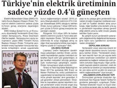 TÜRKİYENİN ELEKTRİK ÜRETİMİNİN SADECE YÜZDE 0.4 Ü GÜNEŞTEN (A GAZETESİ - 06.11.2017)