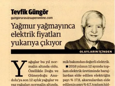 YAĞMUR YAĞMAYINCA ELEKTRİK FİYATLARI YUKARIYA ÇIKIYOR (TEVFİK GÜNGÖR)